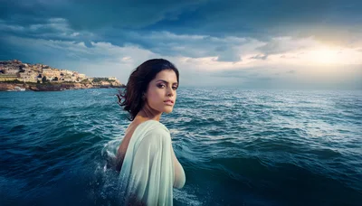 Woman In Flowing Dress Standing In The Ocean