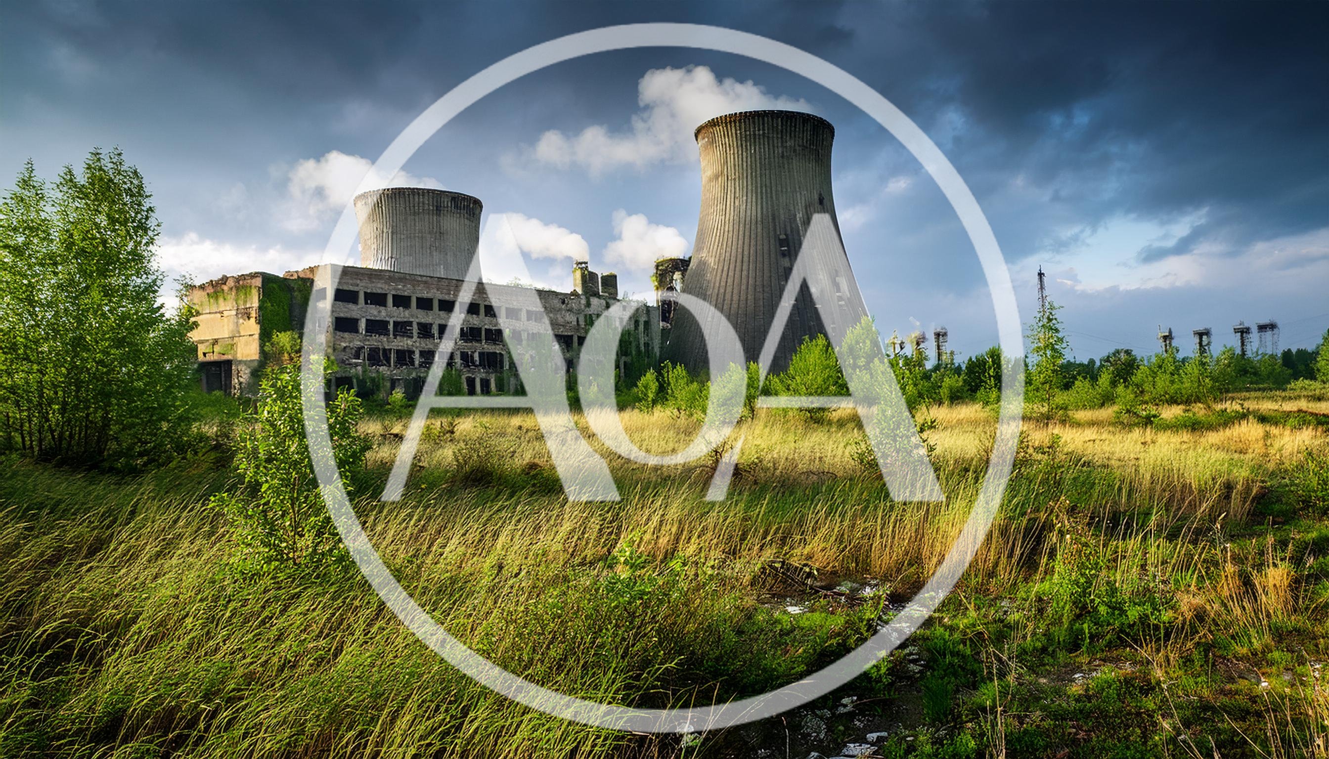 Abandoned Power Plant With Cooling Towers In Overgrown Field