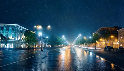 Rainy Night Street Scene In A Historic European City