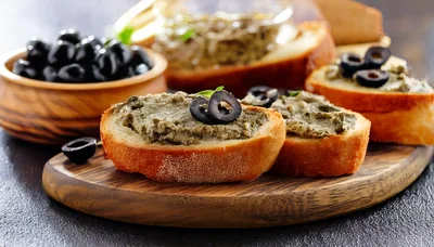 Olive Tapenade Spread on Toasted Baguette Slices