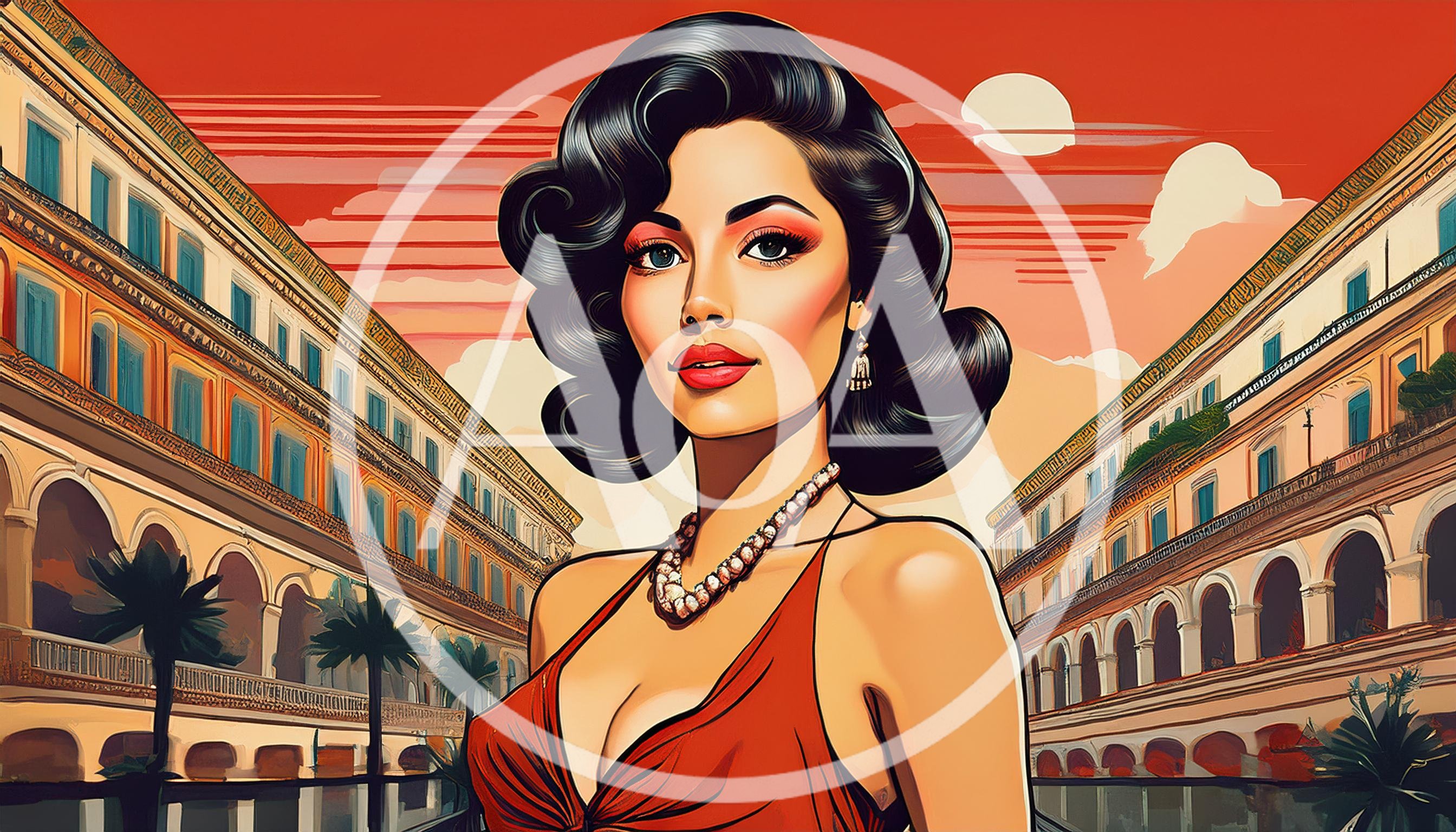 Elegant Woman In Red Dress Standing In Italian Plaza