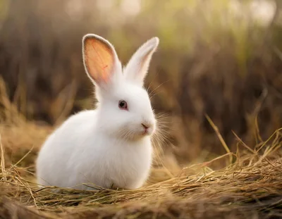 White Rabbit Sitting In Dry Grass