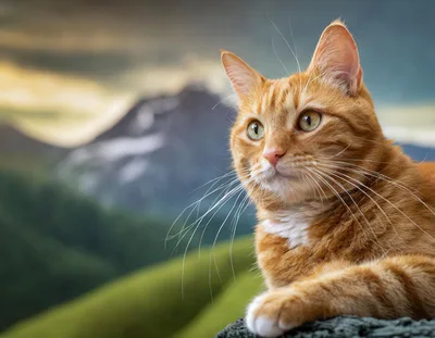 Ginger Tabby Cat Looking Over Mountain Landscape