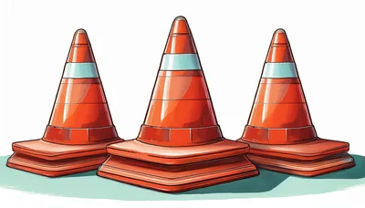 Three Orange Traffic Cones On A White Background