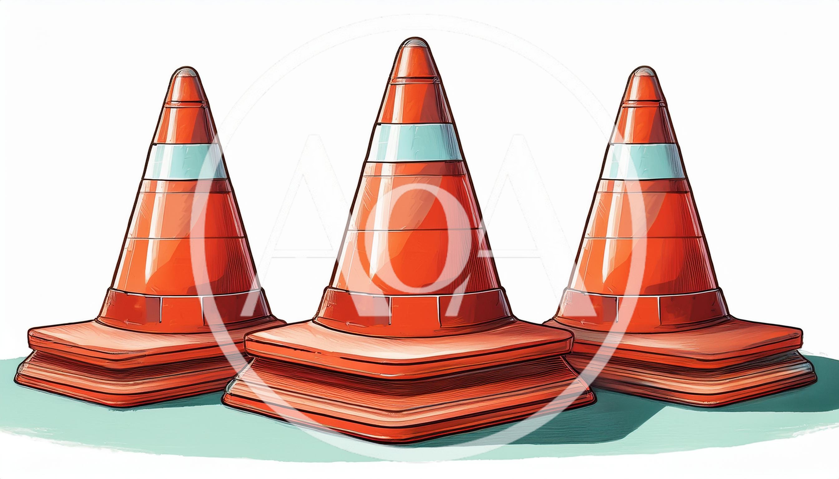 Three Orange Traffic Cones On A White Background