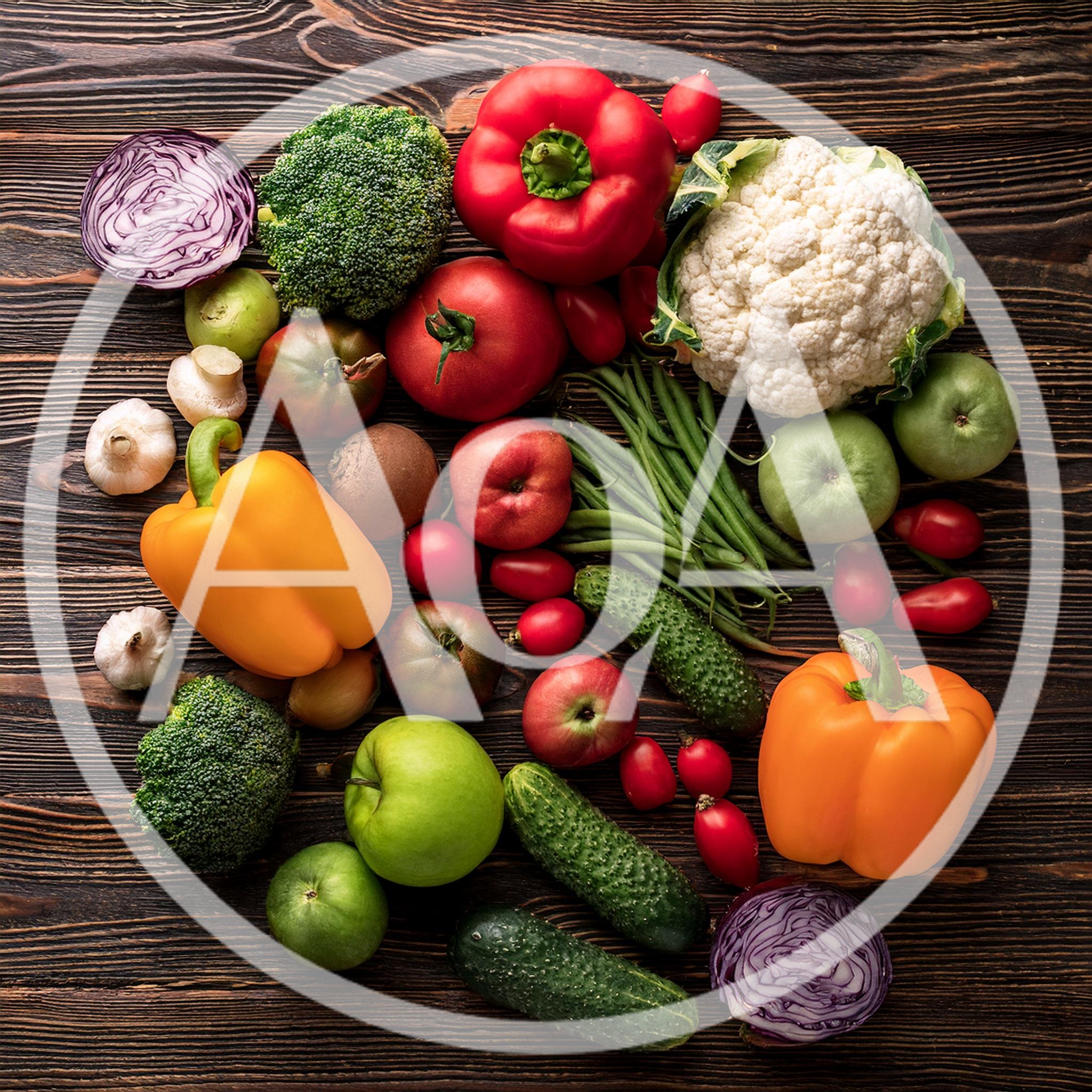 Fresh Assorted Vegetables and Fruits on Wooden Table
