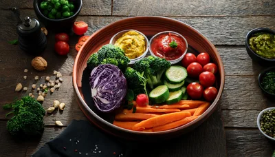 Fresh Vegetable Platter With Dips On Wooden Table