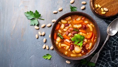 Bowl of Minestrone Soup with Beans and Vegetables
