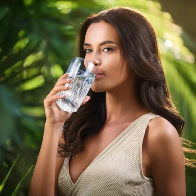 Young Woman Drinking Water in Tropical Garden