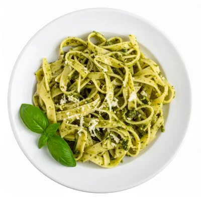 Plate Of Fresh Fettuccine Pasta With Pesto Sauce