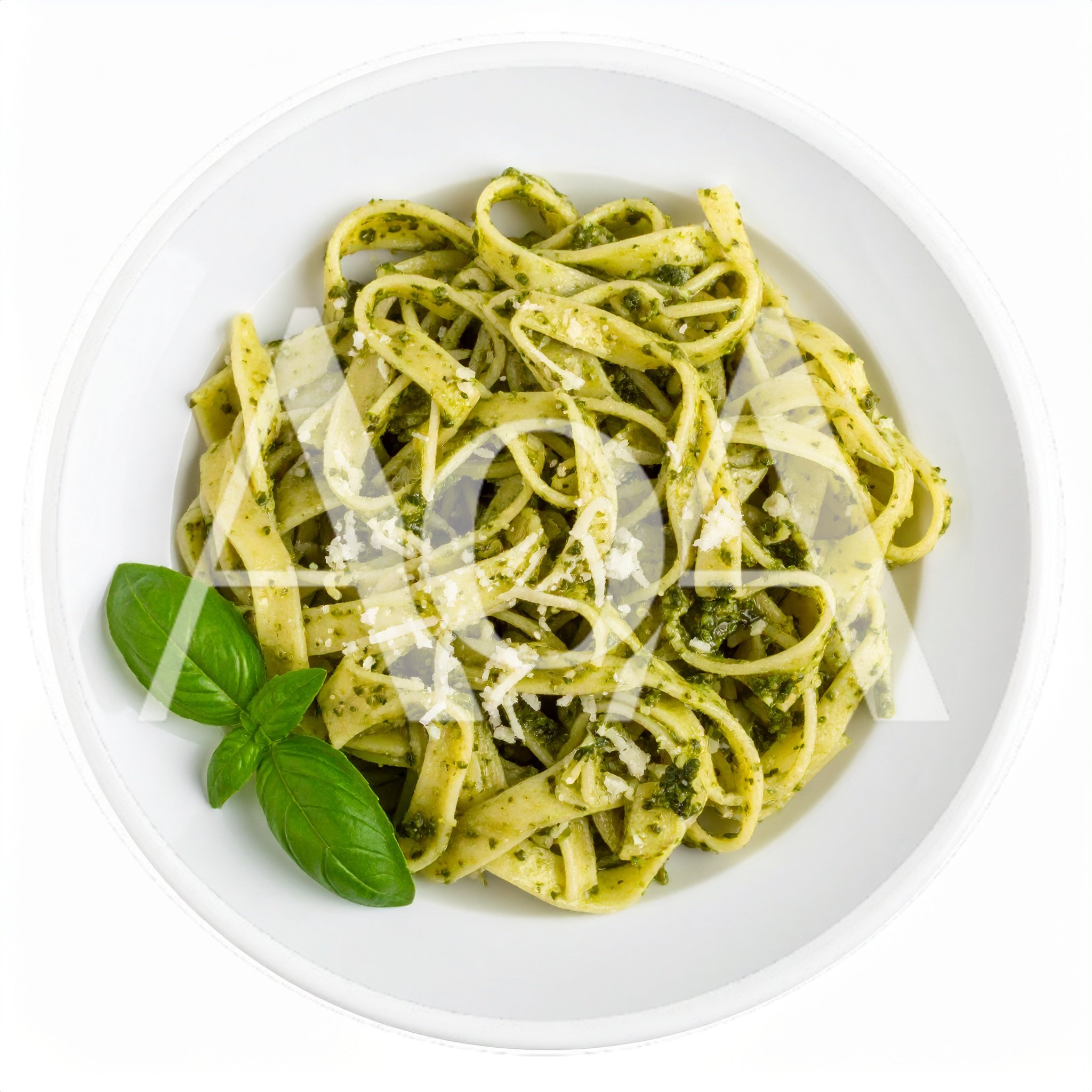 Plate Of Fresh Fettuccine Pasta With Pesto Sauce