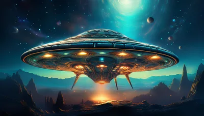 Futuristic Alien Spaceship Hovering Over Desolate Exoplanet Landscape