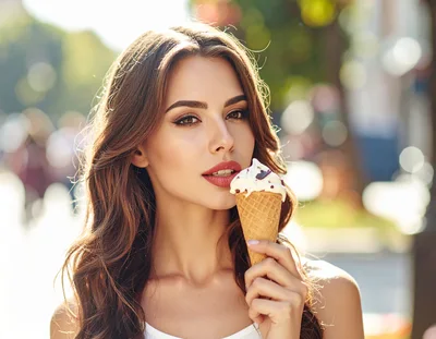 Beautiful Young Woman Eating Ice Cream Outdoors