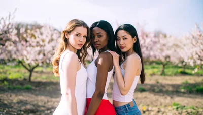 Three Diverse Women Posing Together In A Blooming Orchard