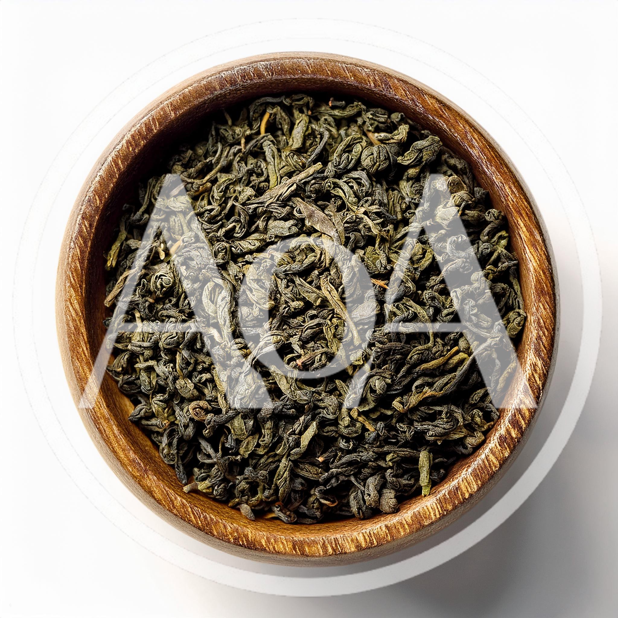 Dried Green Tea Leaves In A Wooden Bowl