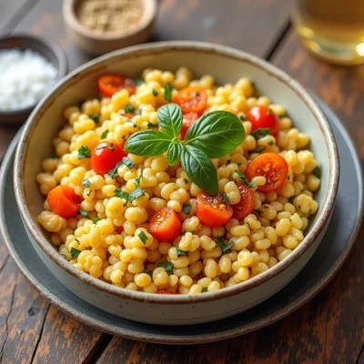 Bowl Of Israeli Couscous With Cherry Tomatoes And Basil