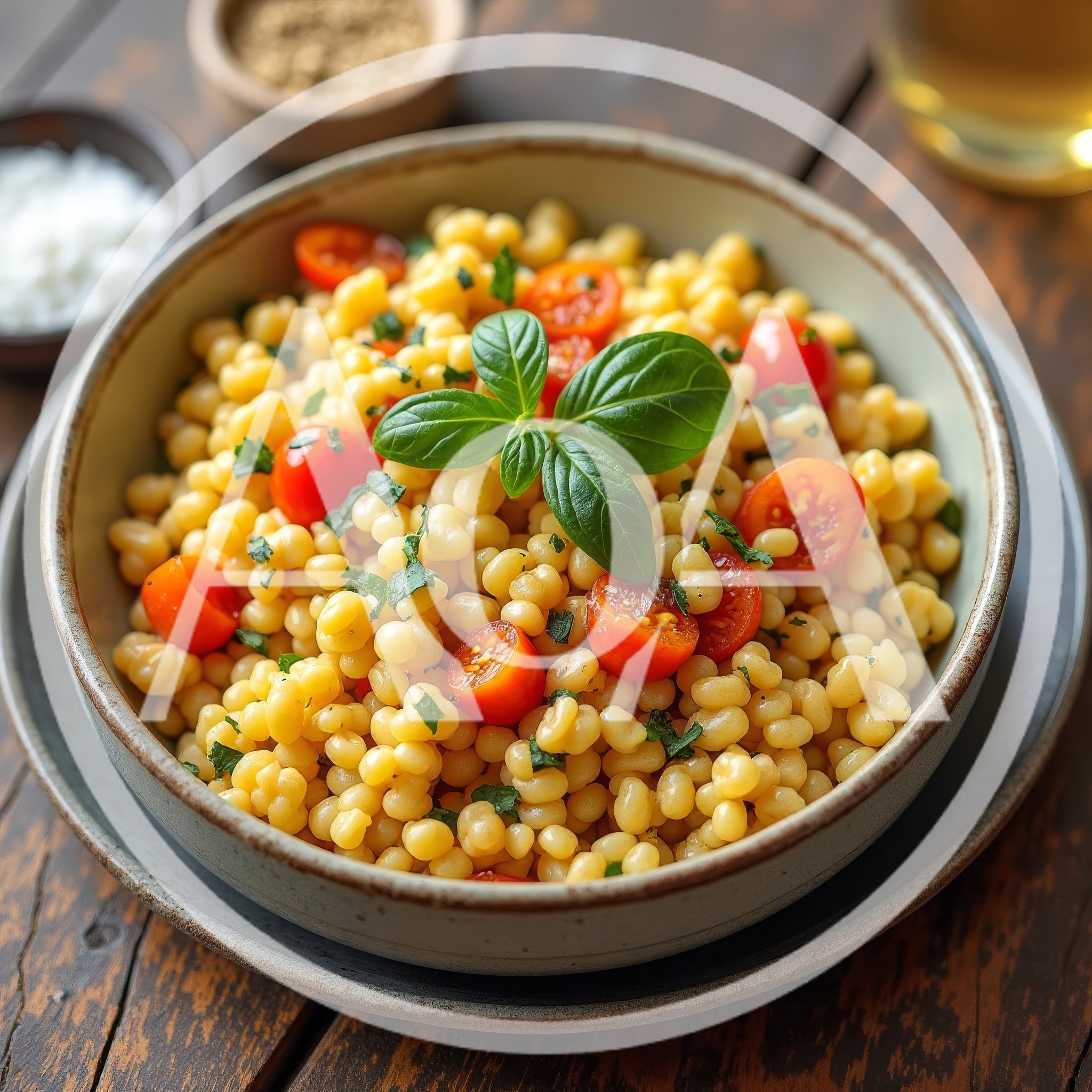 Bowl Of Israeli Couscous With Cherry Tomatoes And Basil