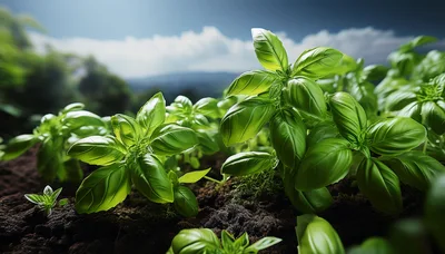 Fresh Green Basil Plants Growing In Garden Soil