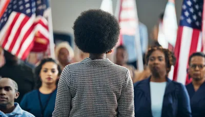 Diverse Group Standing Before American Flags