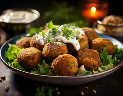 Plate Of Crispy Falafel Balls With Creamy Sauce