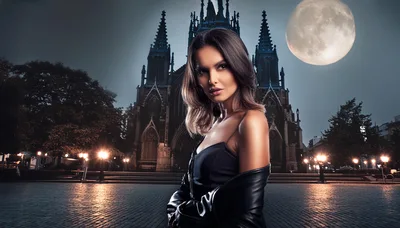 Elegant Woman Posing Before Gothic Cathedral At Night