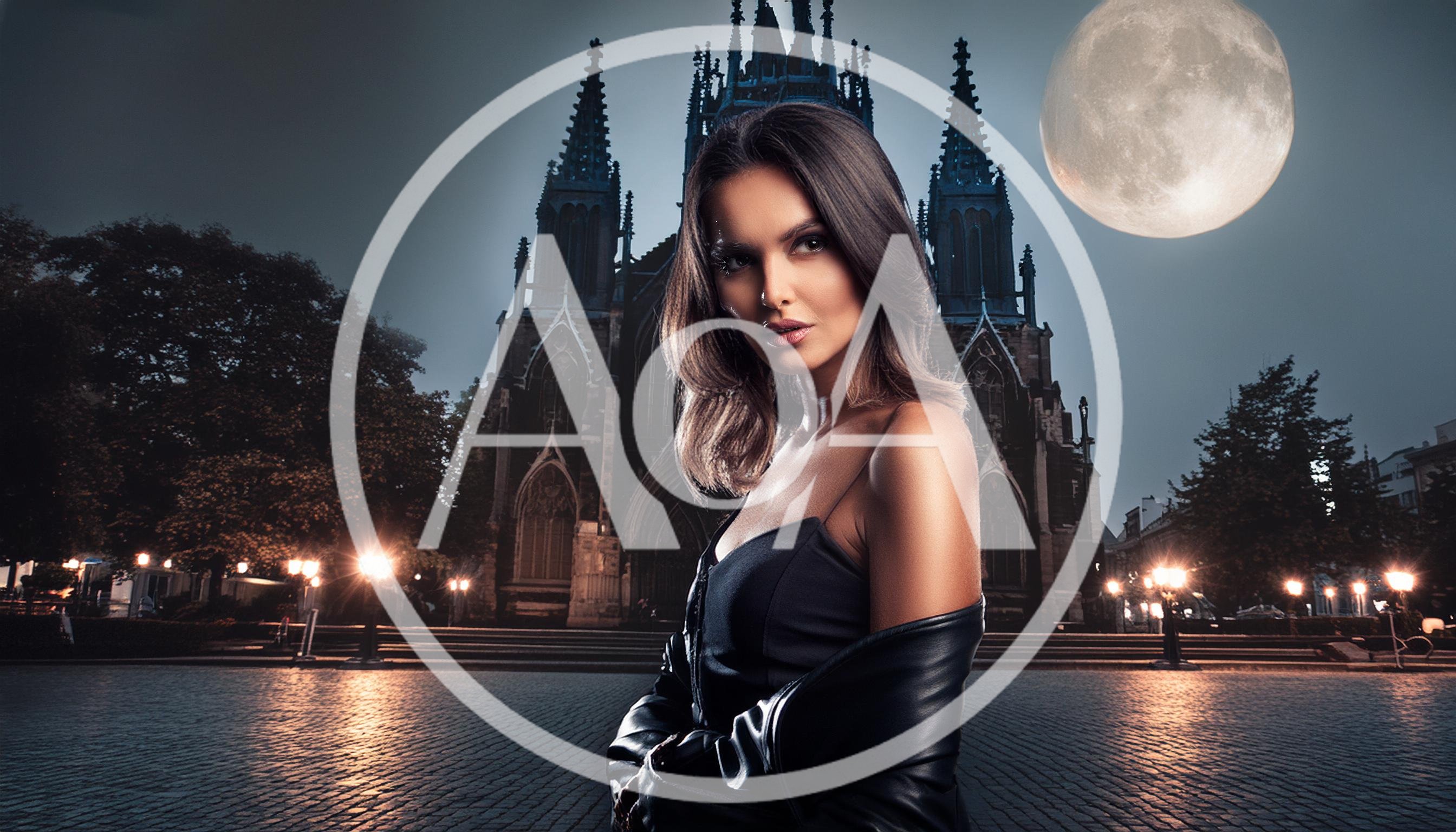 Elegant Woman Posing Before Gothic Cathedral At Night