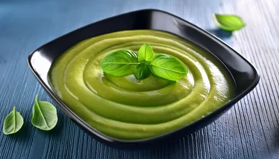 Green Vegetable Soup In A Black Bowl