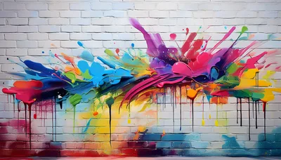 Vibrant Abstract Graffiti Paint Splatter On Brick Wall