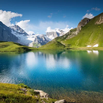Alpine Lake With Glacial Mountains And Green Meadows