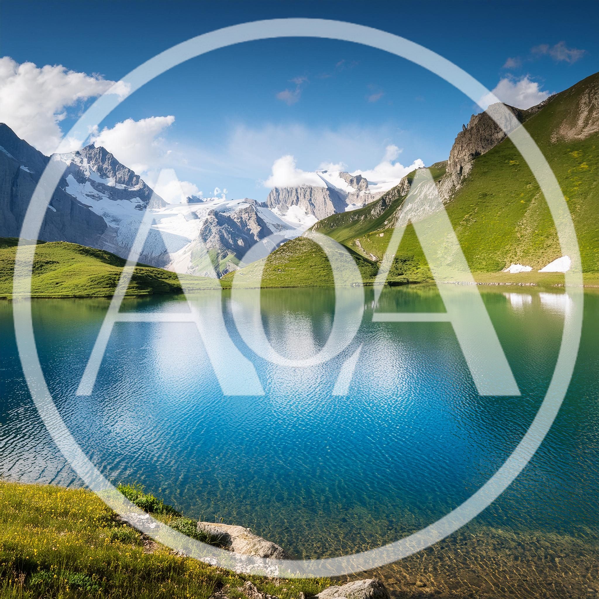 Alpine Lake With Glacial Mountains And Green Meadows