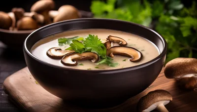 Creamy Mushroom Soup In A Dark Bowl