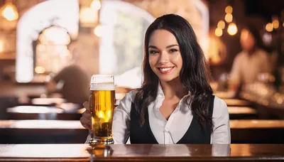 Smiling Female Bartender Serving A Glass Of Beer