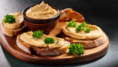 Hummus Topped Toasted Bread Slices on Wooden Board