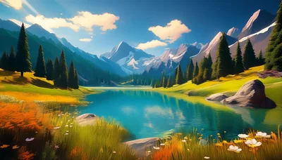 Serene Alpine Lake Surrounded By Mountains And Pine Forest