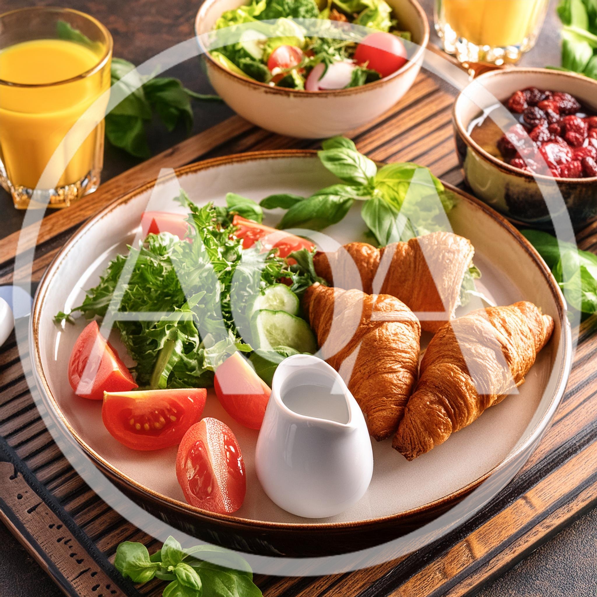 Gourmet Breakfast Plate With Croissants And Fresh Salad