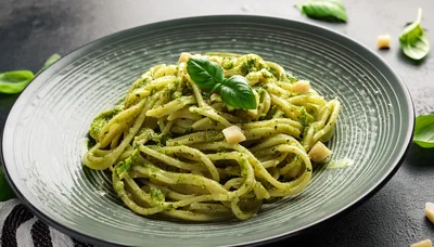 Spaghetti Pasta With Pesto Sauce And Parmesan Cheese
