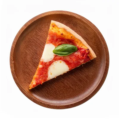 Single Slice Of Margherita Pizza On Wooden Plate
