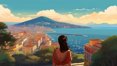 Woman Overlooking Naples Bay And Mount Vesuvius