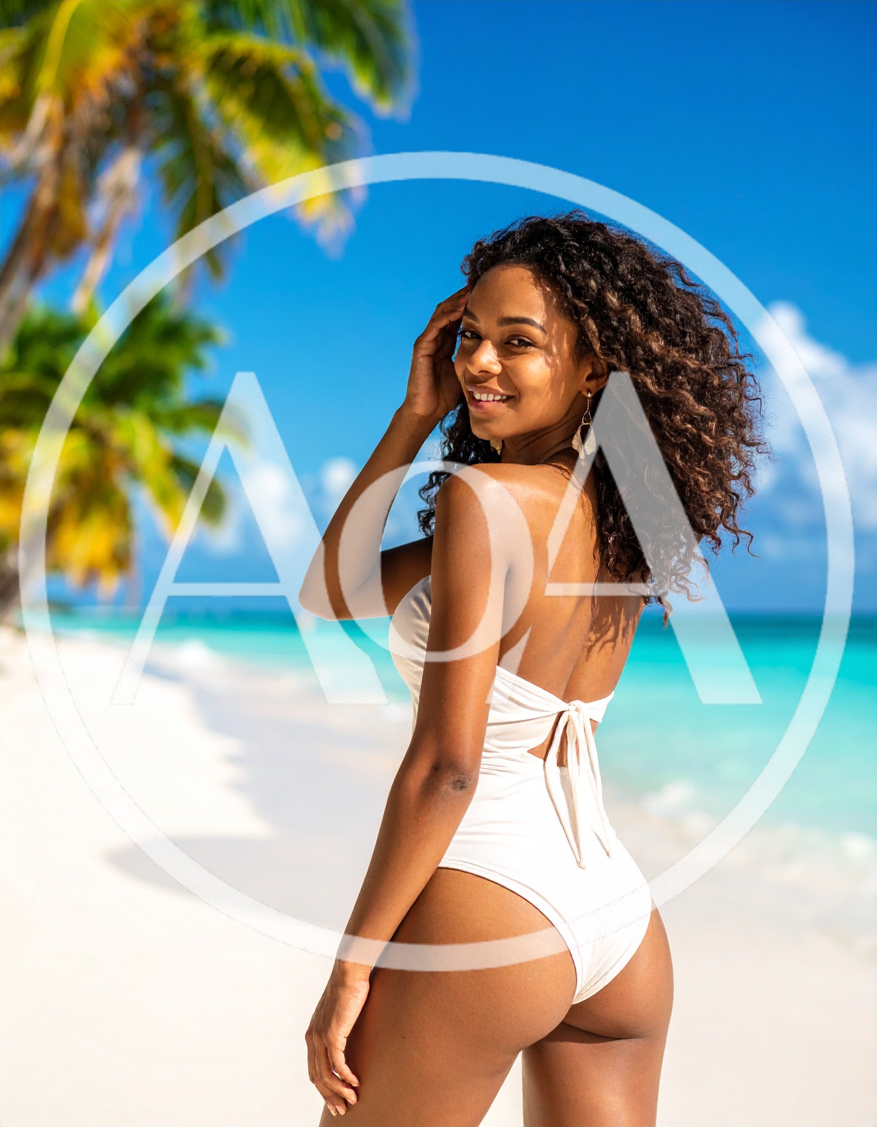 Beautiful Woman Posing In Swimsuit On Tropical Beach