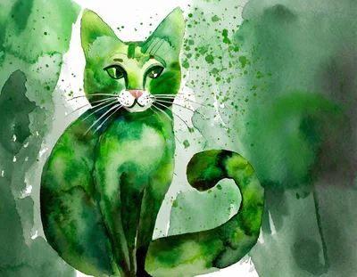 Watercolor Illustration Of A Green Cat