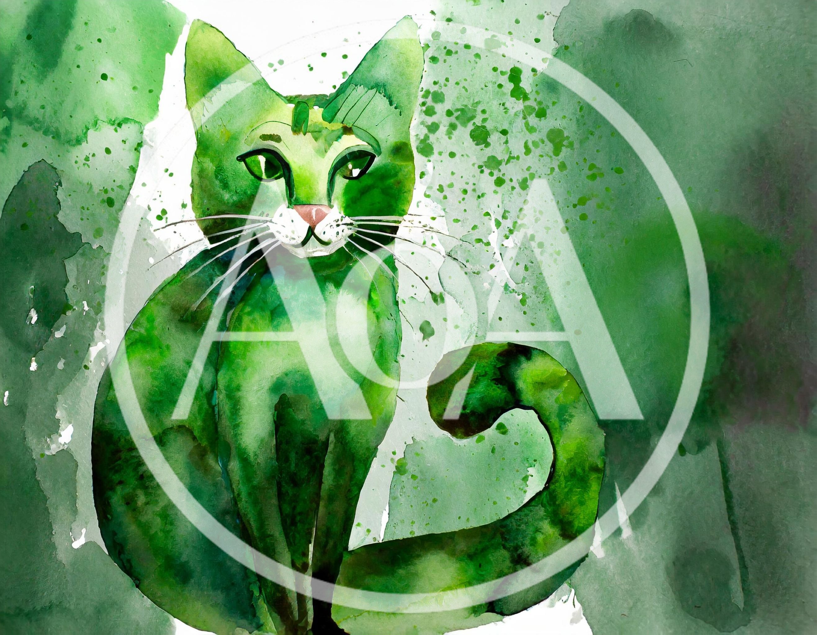 Watercolor Illustration Of A Green Cat