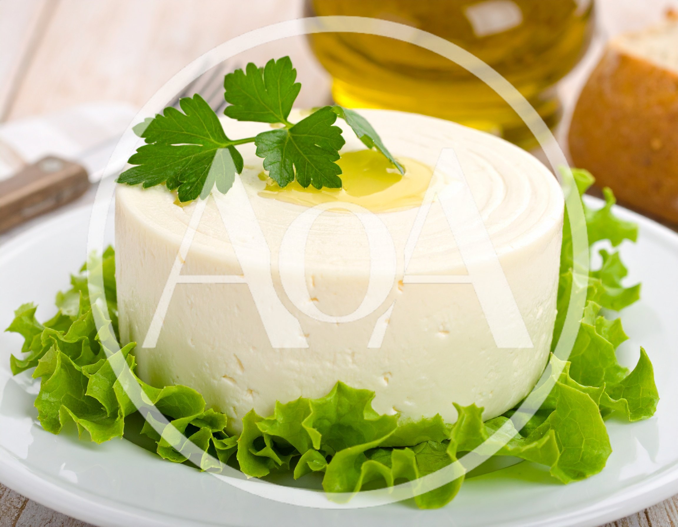 Fresh Round Cheese Wheel on Lettuce Bed