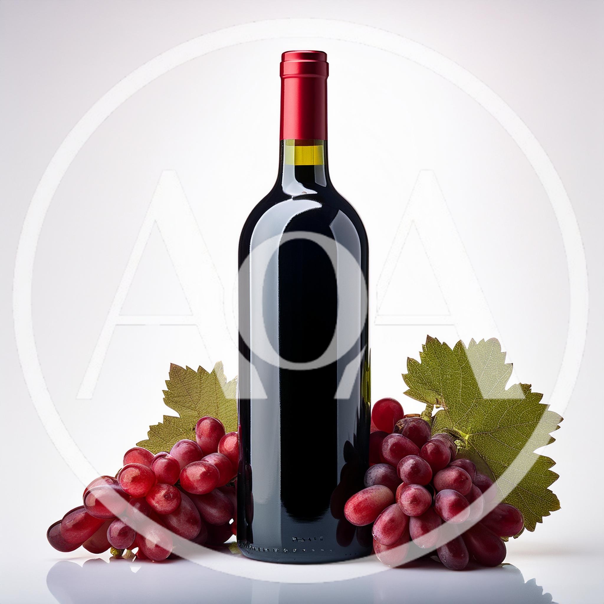 Red Wine Bottle With Fresh Grapes And Leaves