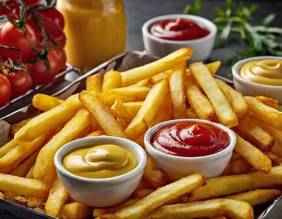 Golden French Fries With Ketchup And Mustard Dips