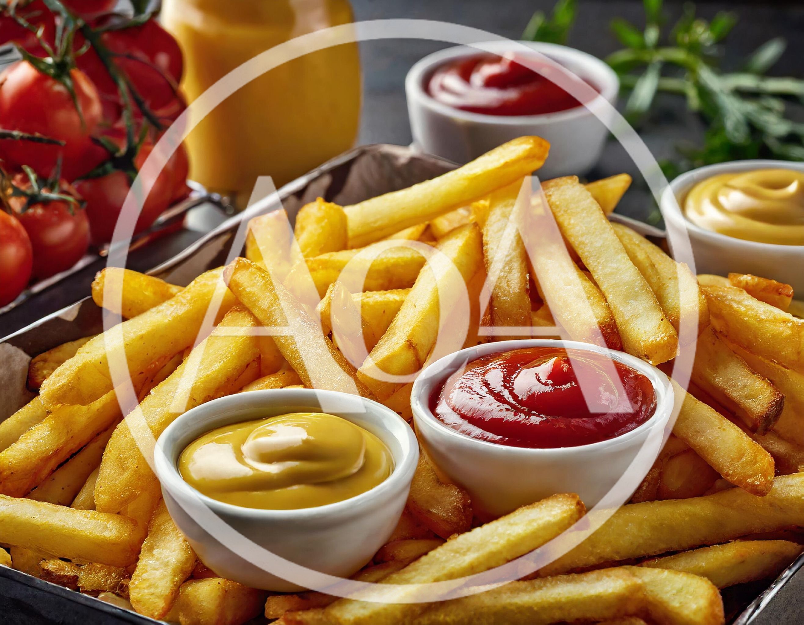 Golden French Fries With Ketchup And Mustard Dips