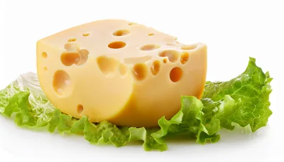 Block Of Swiss Cheese On Fresh Green Lettuce