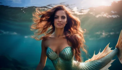 Beautiful Mermaid Swimming Underwater In Sunlight