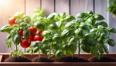 Fresh Tomato And Basil Plants Growing In A Planter