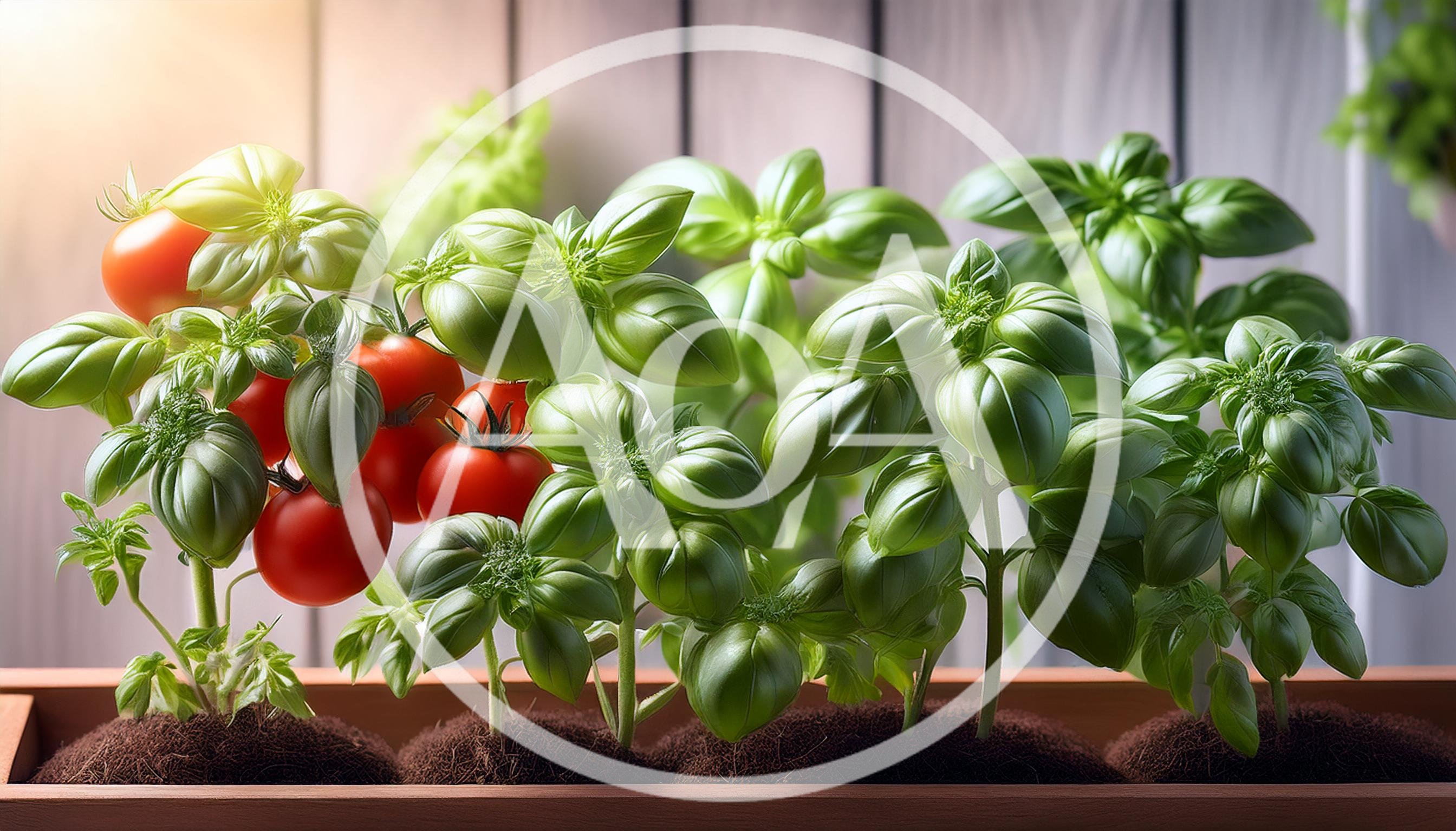 Fresh Tomato And Basil Plants Growing In A Planter