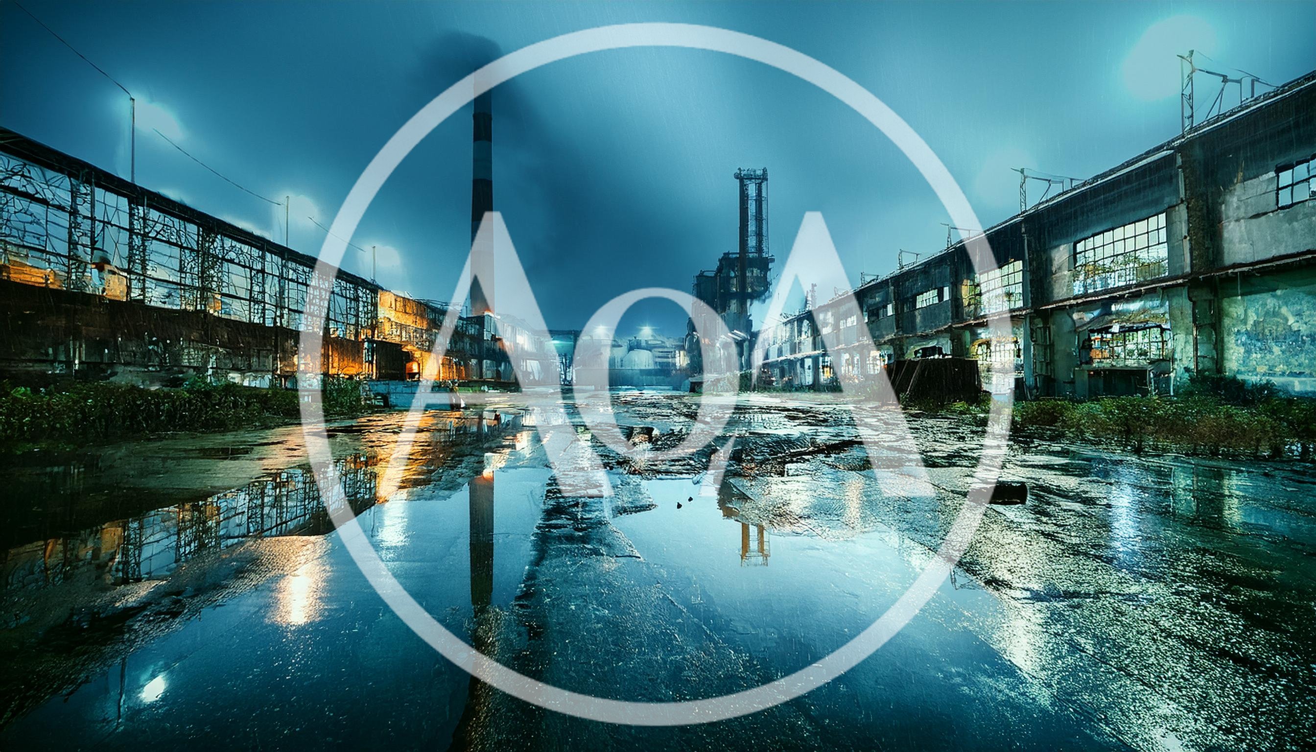 Abandoned Industrial Factory Complex At Night In Rain